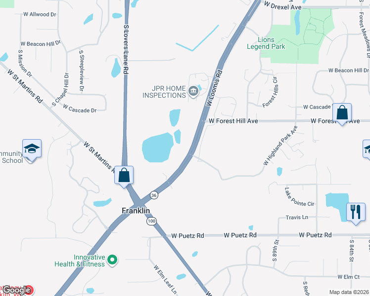 map of restaurants, bars, coffee shops, grocery stores, and more near 9530 Wisconsin 36 in Franklin
