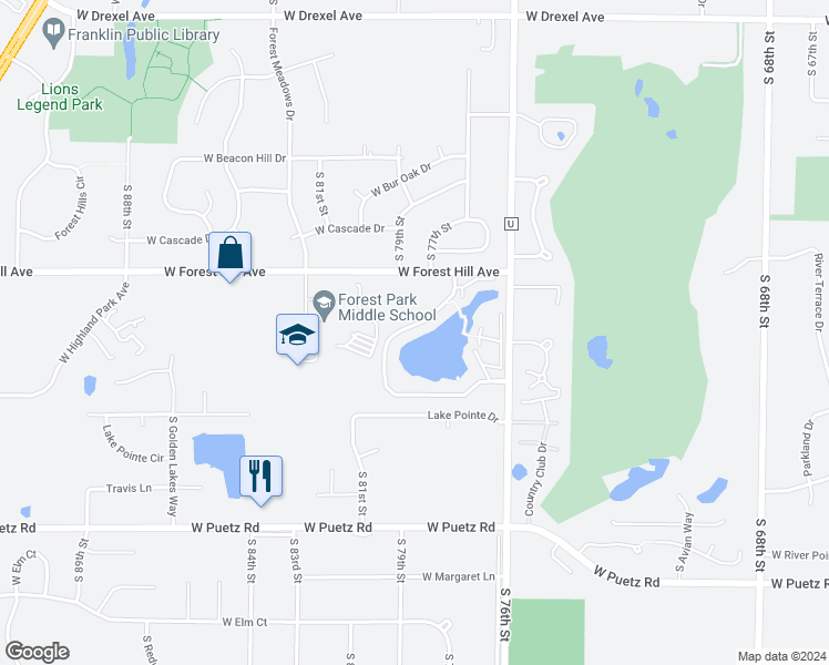 map of restaurants, bars, coffee shops, grocery stores, and more near 8384 Tuckaway Shores Drive in Franklin