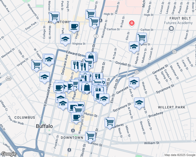 map of restaurants, bars, coffee shops, grocery stores, and more near 520 Ellicott Street in Buffalo
