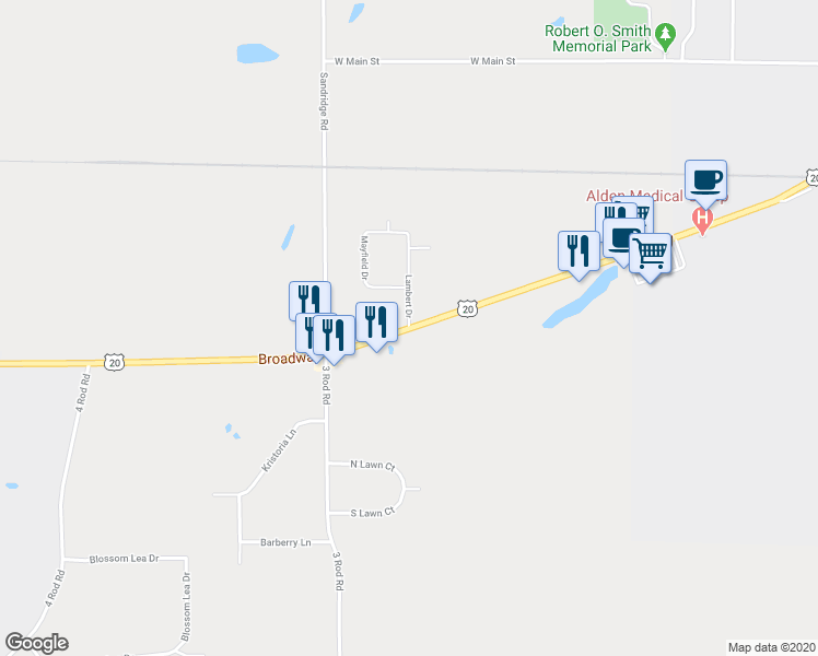 map of restaurants, bars, coffee shops, grocery stores, and more near Broadway in Alden