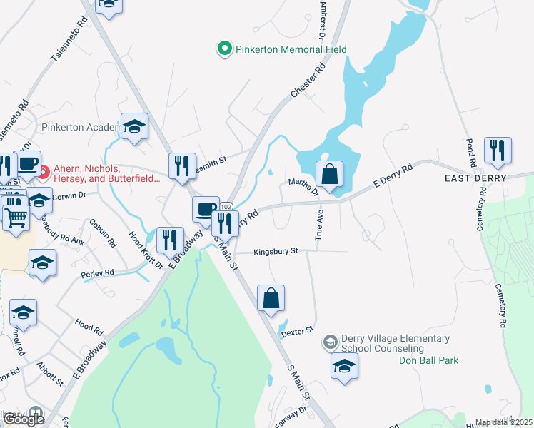map of restaurants, bars, coffee shops, grocery stores, and more near 9 East Derry Road in Derry