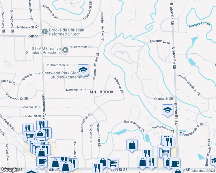 map of restaurants, bars, coffee shops, grocery stores, and more near 3918 Kingsway Court Southeast in Grand Rapids