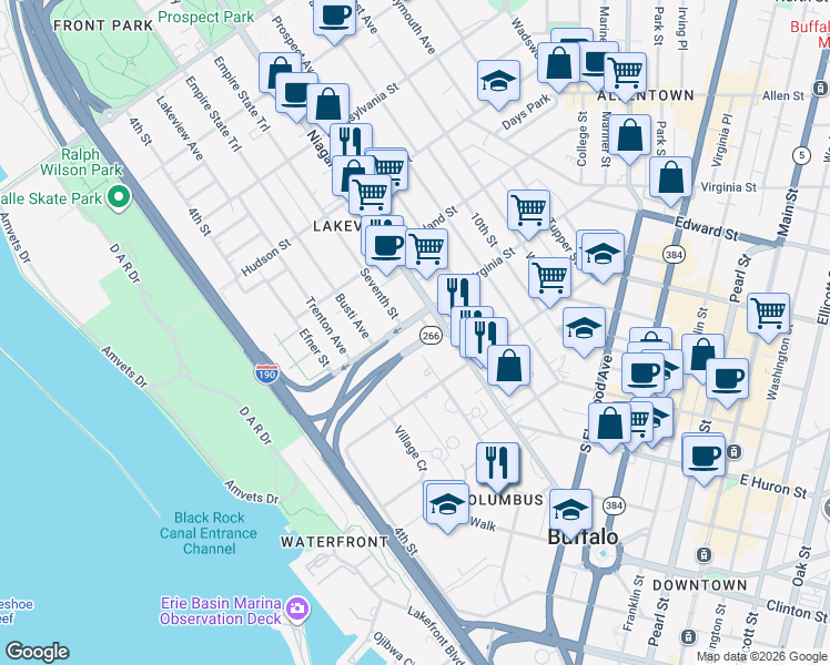 map of restaurants, bars, coffee shops, grocery stores, and more near 337 Virginia Street in Buffalo
