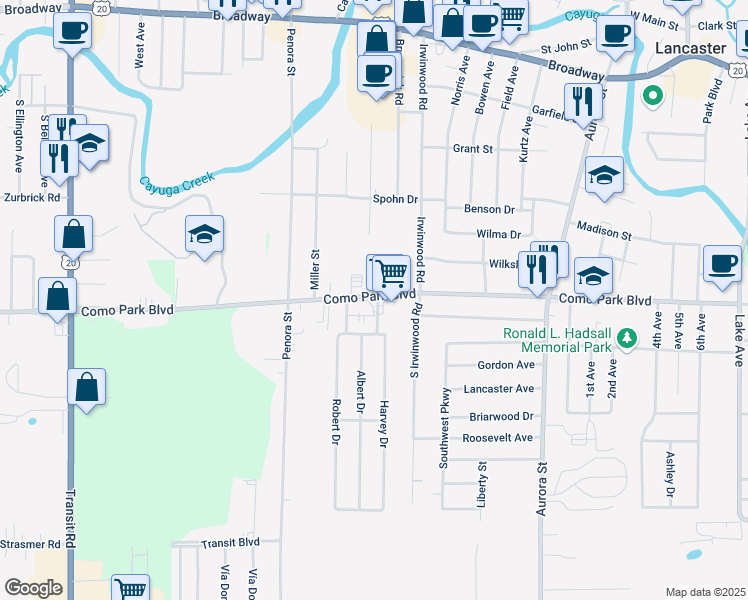 map of restaurants, bars, coffee shops, grocery stores, and more near 1821 Harvey Drive in Lancaster