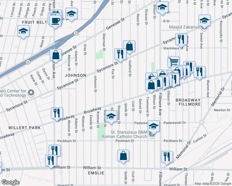 map of restaurants, bars, coffee shops, grocery stores, and more near 34 Fox Street in Buffalo