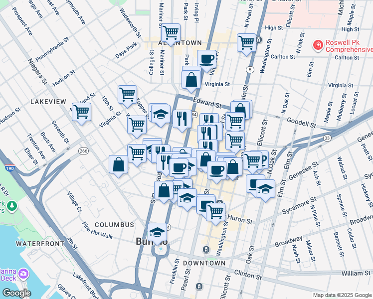 map of restaurants, bars, coffee shops, grocery stores, and more near 285 Delaware Avenue in Buffalo
