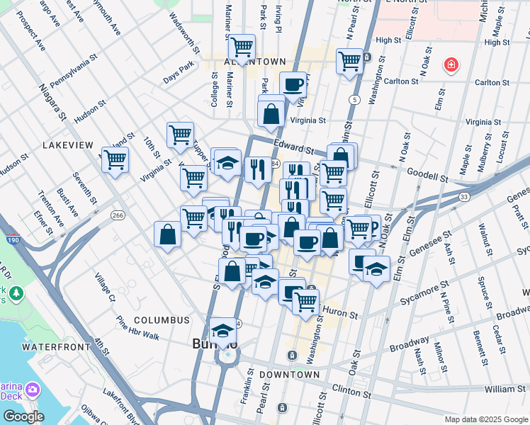 map of restaurants, bars, coffee shops, grocery stores, and more near 285 Delaware Avenue in Buffalo