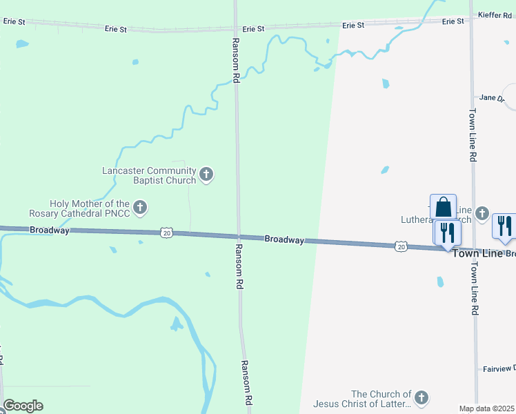 map of restaurants, bars, coffee shops, grocery stores, and more near 6388 Broadway in Lancaster