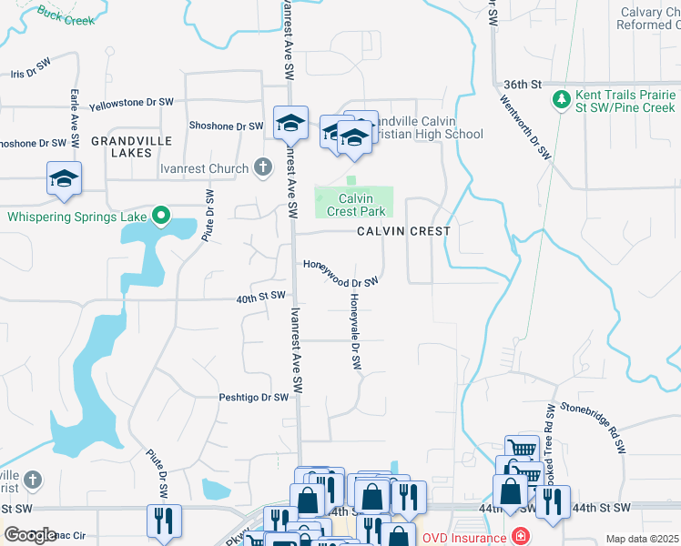map of restaurants, bars, coffee shops, grocery stores, and more near 3115 Honeywood Drive Southwest in Grandville