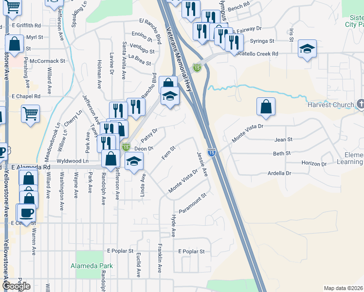 map of restaurants, bars, coffee shops, grocery stores, and more near 1325 Fern Street in Pocatello
