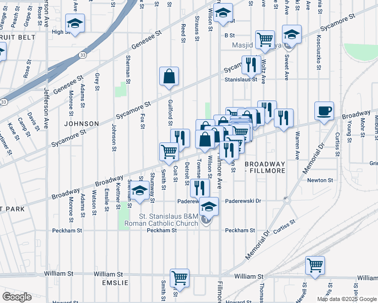 map of restaurants, bars, coffee shops, grocery stores, and more near 880 Broadway in Buffalo