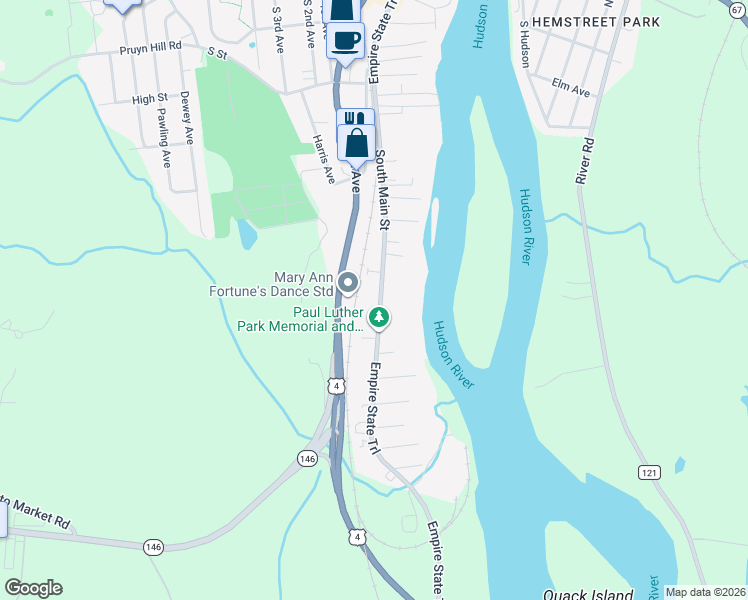 map of restaurants, bars, coffee shops, grocery stores, and more near 302 South Main Street in Mechanicville