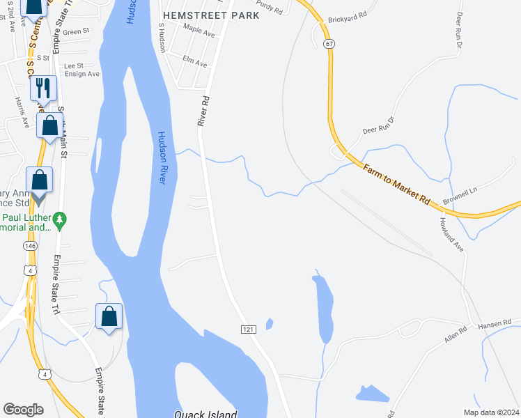 map of restaurants, bars, coffee shops, grocery stores, and more near 3146 River Road in Mechanicville