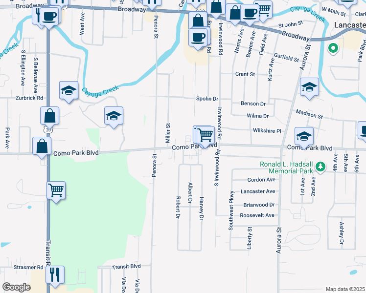 map of restaurants, bars, coffee shops, grocery stores, and more near 11 Robert Drive in Lancaster