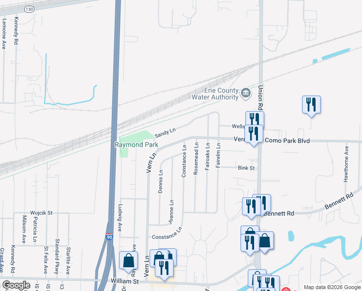 map of restaurants, bars, coffee shops, grocery stores, and more near 59 Dennis Lane in Buffalo