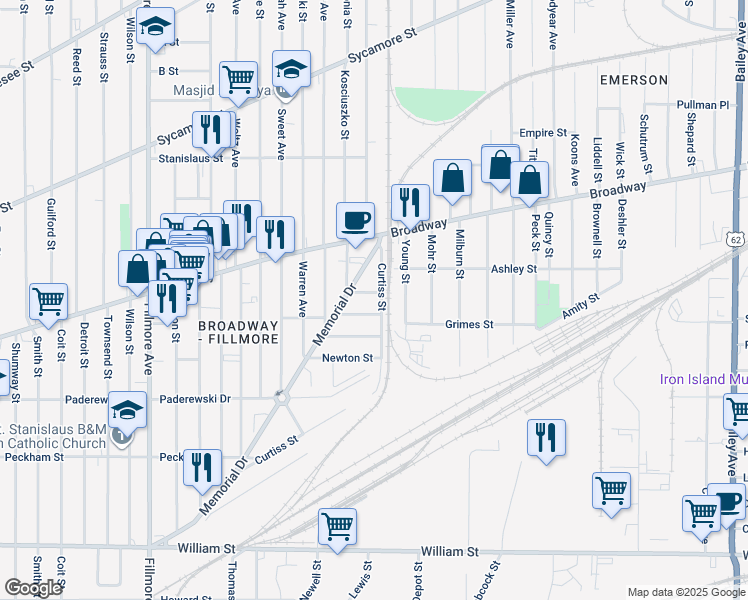 map of restaurants, bars, coffee shops, grocery stores, and more near 392 Curtiss Street in Buffalo