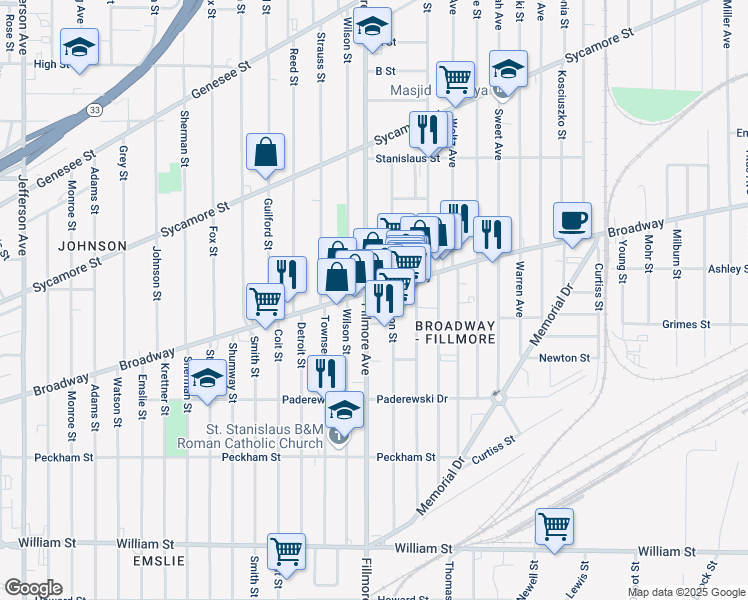 map of restaurants, bars, coffee shops, grocery stores, and more near 248 Gibson Street in Buffalo