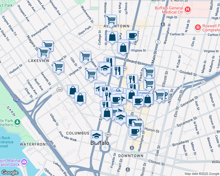 map of restaurants, bars, coffee shops, grocery stores, and more near 31 Johnson Park in Buffalo