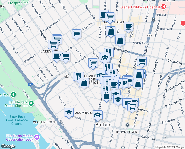 map of restaurants, bars, coffee shops, grocery stores, and more near 41 Whitney Place in Buffalo