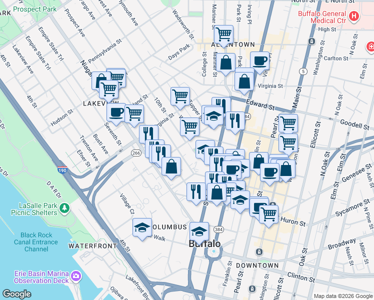 map of restaurants, bars, coffee shops, grocery stores, and more near 41 Whitney Place in Buffalo