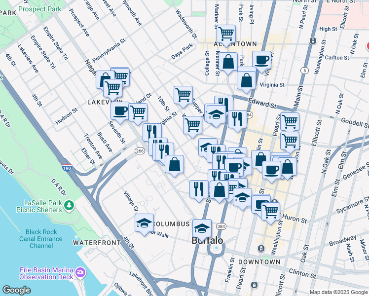 map of restaurants, bars, coffee shops, grocery stores, and more near 41 Whitney Place in Buffalo