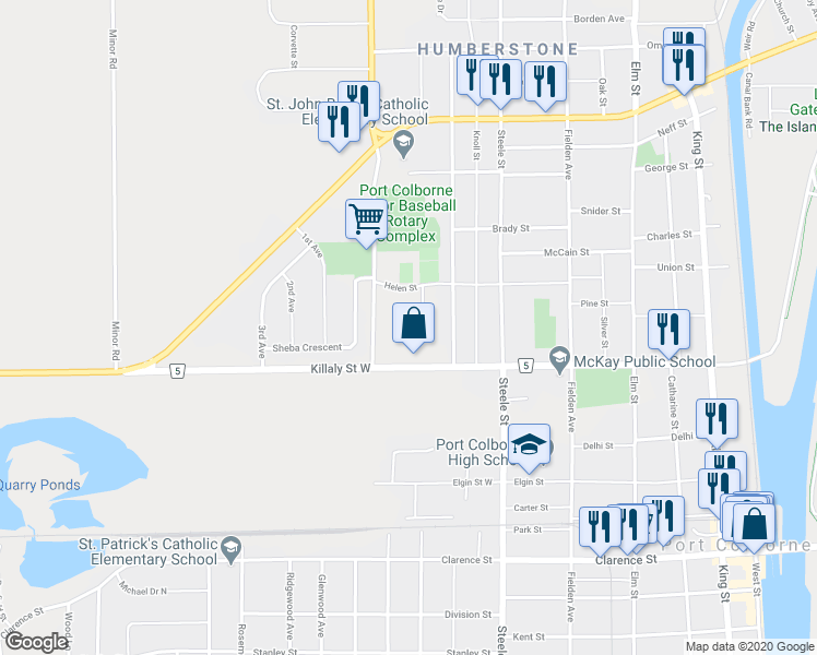 map of restaurants, bars, coffee shops, grocery stores, and more near 19 Oakwood Street in Port Colborne