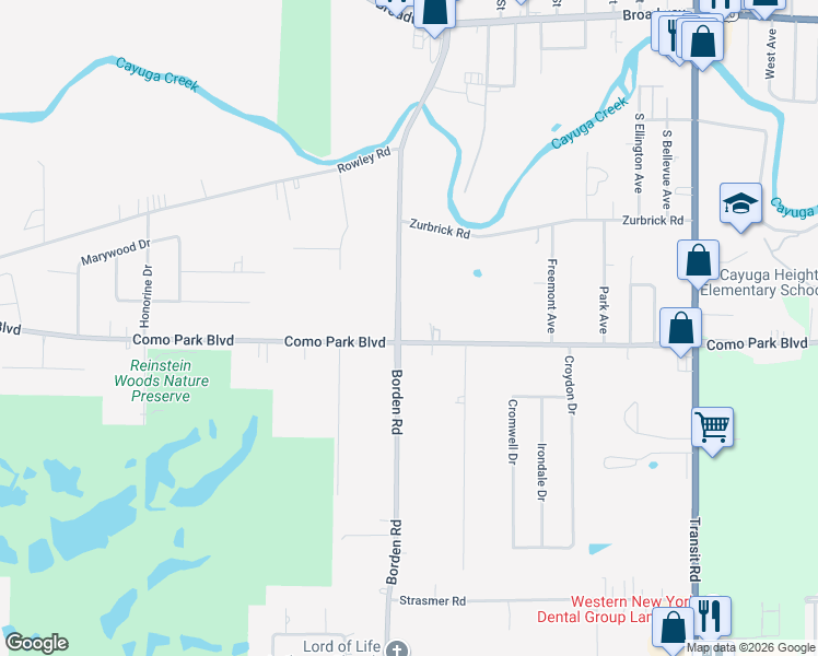 map of restaurants, bars, coffee shops, grocery stores, and more near 1409 Borden Road in Depew