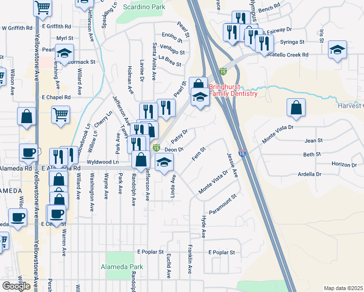 map of restaurants, bars, coffee shops, grocery stores, and more near 1018 Deon Drive in Pocatello