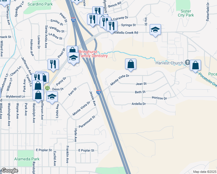 map of restaurants, bars, coffee shops, grocery stores, and more near 1022 Renee Avenue in Pocatello