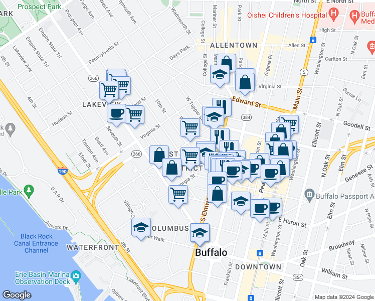 map of restaurants, bars, coffee shops, grocery stores, and more near 41 Whitney Place in Buffalo