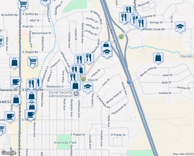 map of restaurants, bars, coffee shops, grocery stores, and more near 1018 Deon Drive in Pocatello