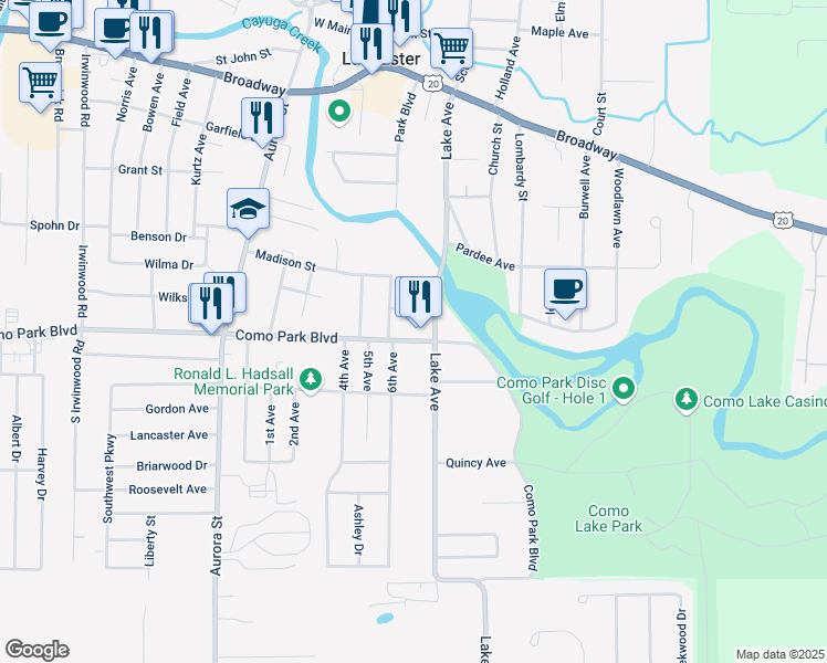 map of restaurants, bars, coffee shops, grocery stores, and more near 2079 Como Park Boulevard in Lancaster