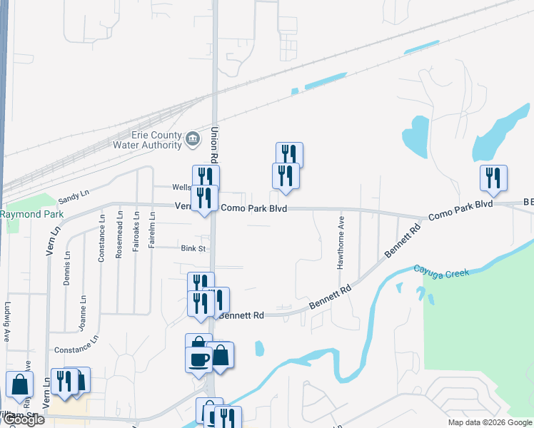 map of restaurants, bars, coffee shops, grocery stores, and more near 165 Como Park Boulevard in Buffalo
