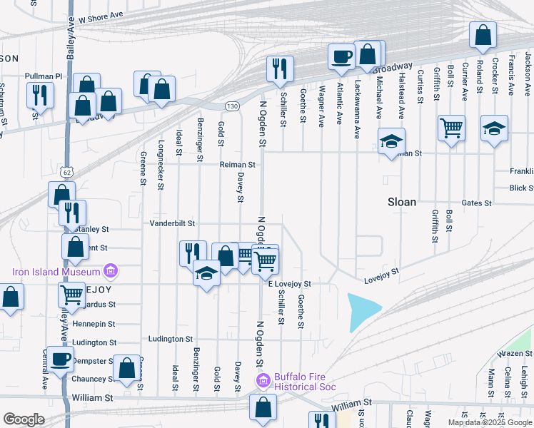 map of restaurants, bars, coffee shops, grocery stores, and more near 295 North Ogden Street in Buffalo