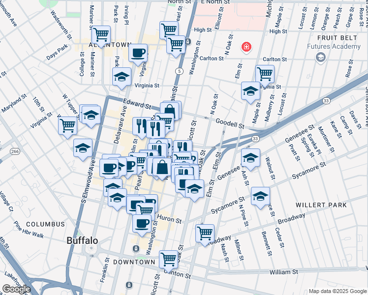 map of restaurants, bars, coffee shops, grocery stores, and more near 520 Ellicott Street in Buffalo