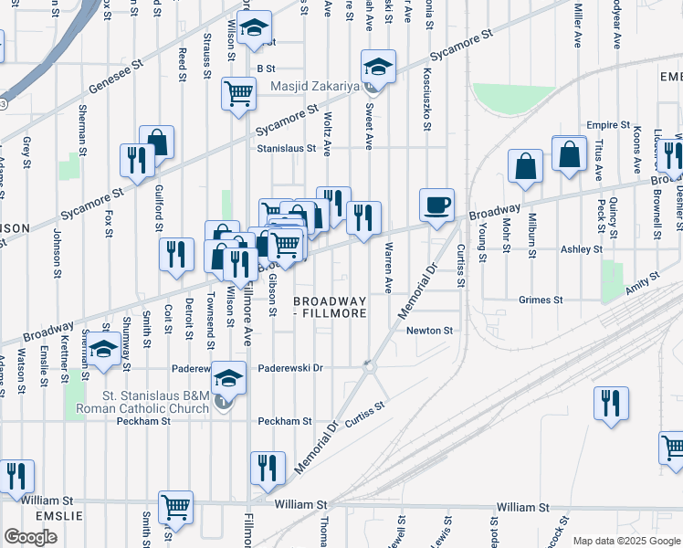 map of restaurants, bars, coffee shops, grocery stores, and more near in Buffalo