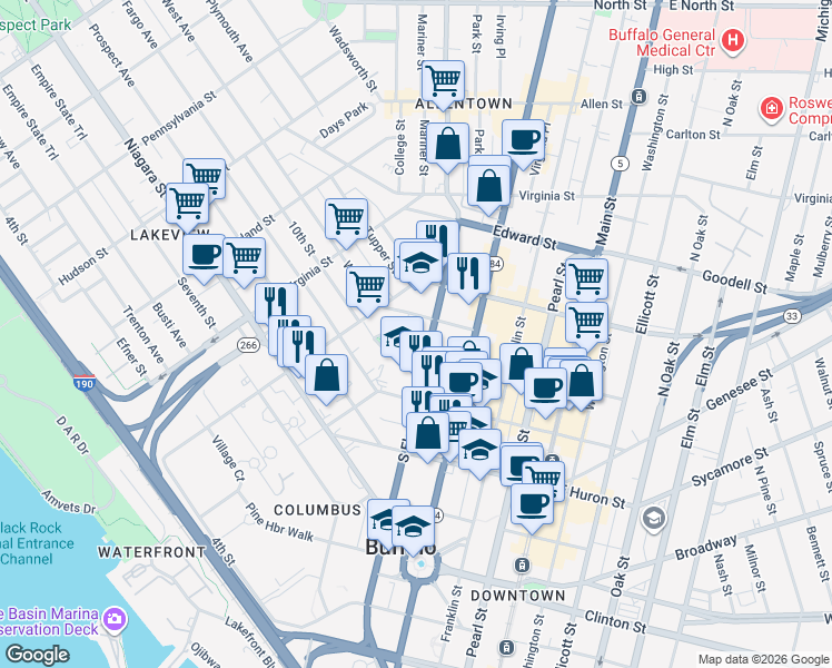 map of restaurants, bars, coffee shops, grocery stores, and more near 250 South Elmwood Avenue in Buffalo