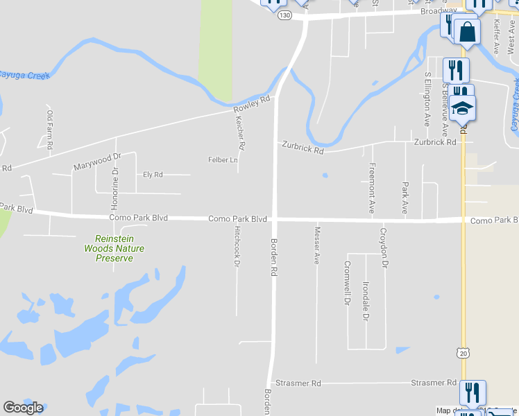 map of restaurants, bars, coffee shops, grocery stores, and more near 1338 Como Park Blvd in Depew