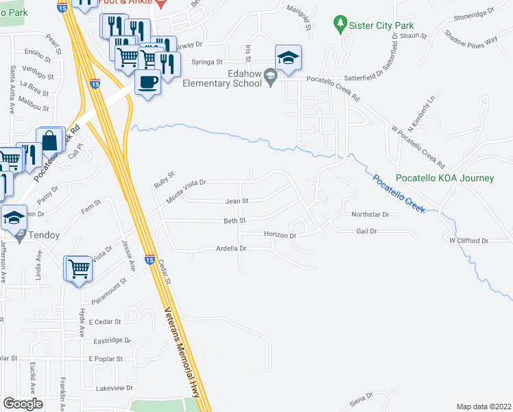map of restaurants, bars, coffee shops, grocery stores, and more near 1992 Beth Street in Pocatello