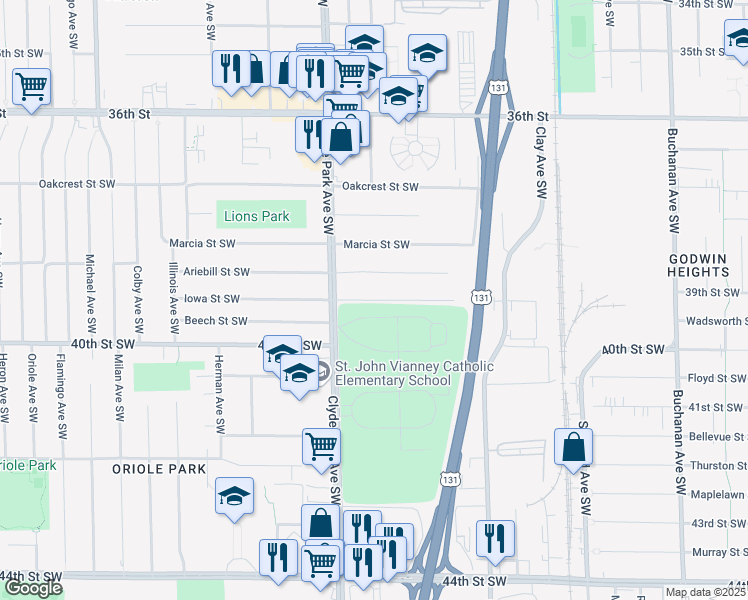 map of restaurants, bars, coffee shops, grocery stores, and more near Brockton Woods Drive Southwest in Wyoming
