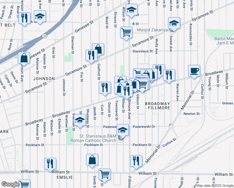map of restaurants, bars, coffee shops, grocery stores, and more near 880 Broadway in Buffalo