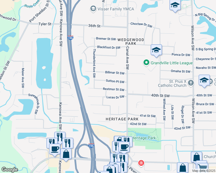 map of restaurants, bars, coffee shops, grocery stores, and more near 4486 Restmor Street Southwest in Grandville