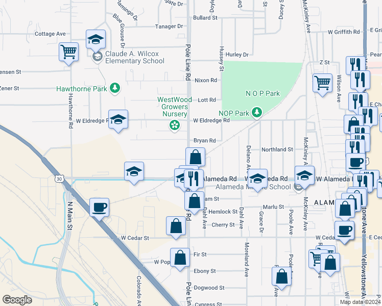 map of restaurants, bars, coffee shops, grocery stores, and more near 3330A Pole Line Road in Pocatello