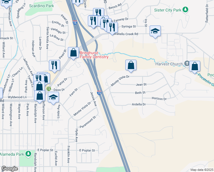 map of restaurants, bars, coffee shops, grocery stores, and more near 1567 Monte Vista Drive in Pocatello