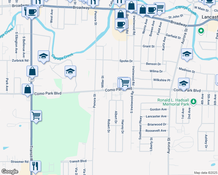 map of restaurants, bars, coffee shops, grocery stores, and more near 11 Robert Drive in Lancaster