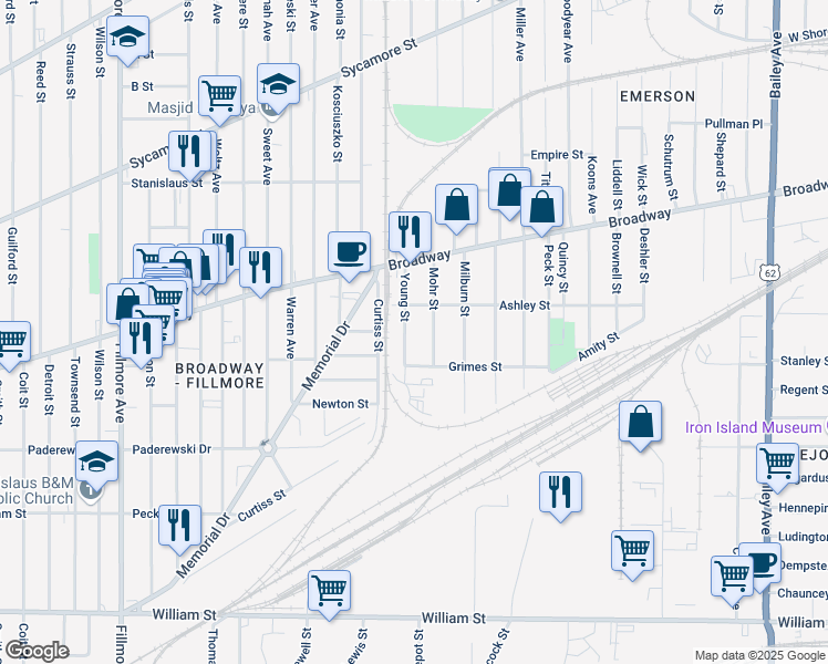 map of restaurants, bars, coffee shops, grocery stores, and more near 49 Young Street in Buffalo