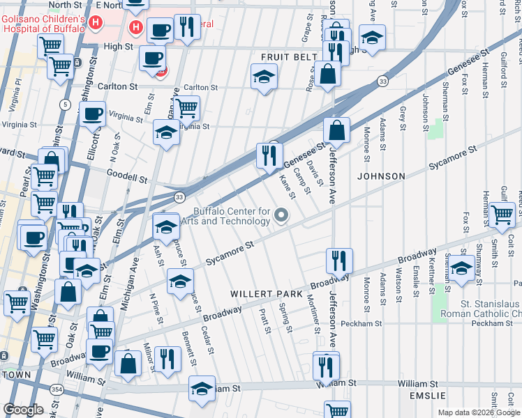 map of restaurants, bars, coffee shops, grocery stores, and more near 23 Eureka Place in Buffalo
