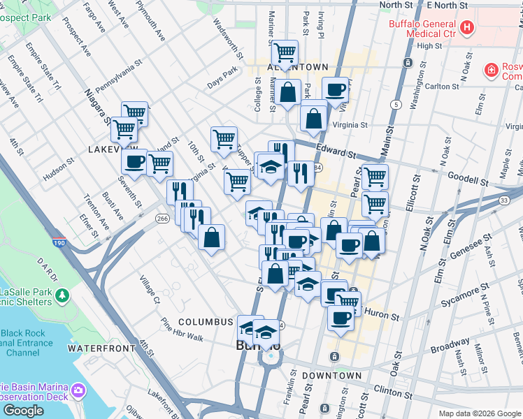 map of restaurants, bars, coffee shops, grocery stores, and more near 250 South Elmwood Avenue in Buffalo