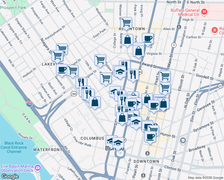 map of restaurants, bars, coffee shops, grocery stores, and more near 250 South Elmwood Avenue in Buffalo