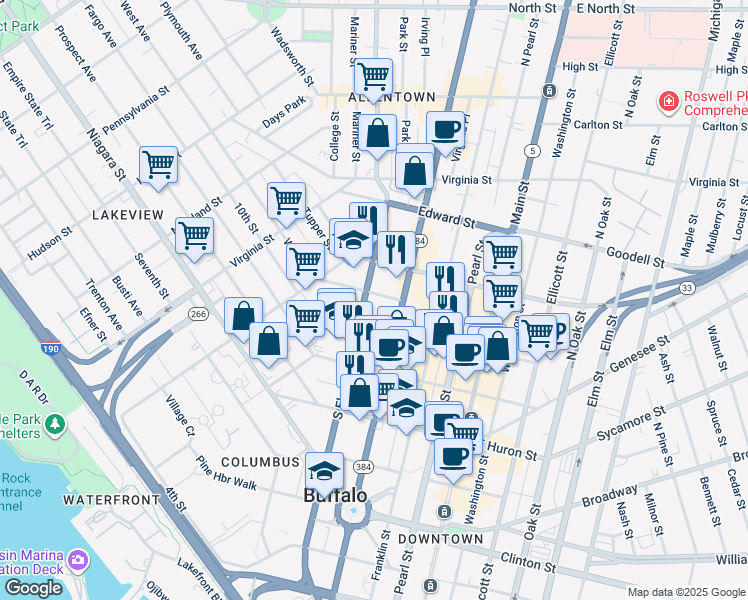 map of restaurants, bars, coffee shops, grocery stores, and more near 22 Johnson Park in Buffalo